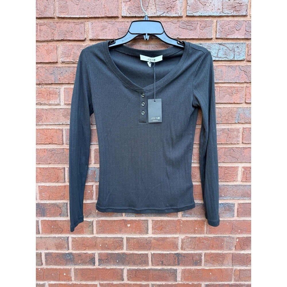 Joe's Jeans Womens S Black Pointelle Ribbed Henley Top Long Sleeve NWT $128 C11
